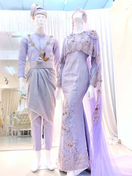 Songket Trumpet Wedding Dress with Long Cape Dusty Purple Lavender Baju Pengantin Muslimah PP Signature