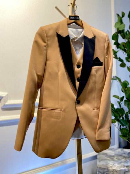 Champagne 3 Piece Wedding Suit Brown with Black Peak lapel PP