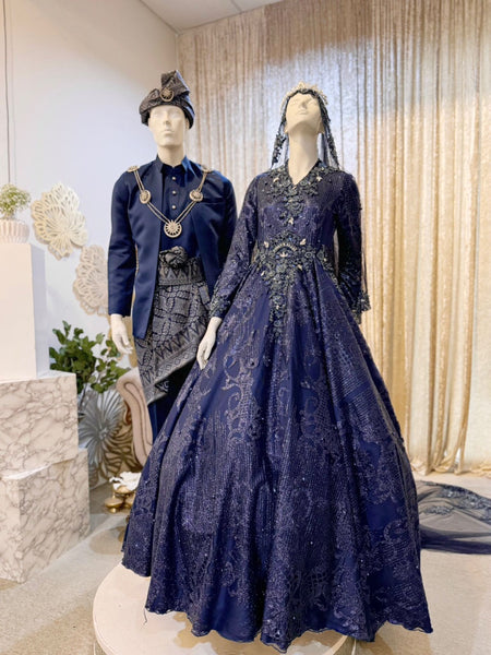 DRIZELA Baju Pengantin Navy Blue Duchess Ballgown with Petticoat Glitter Lace PP Signatue PP Signature