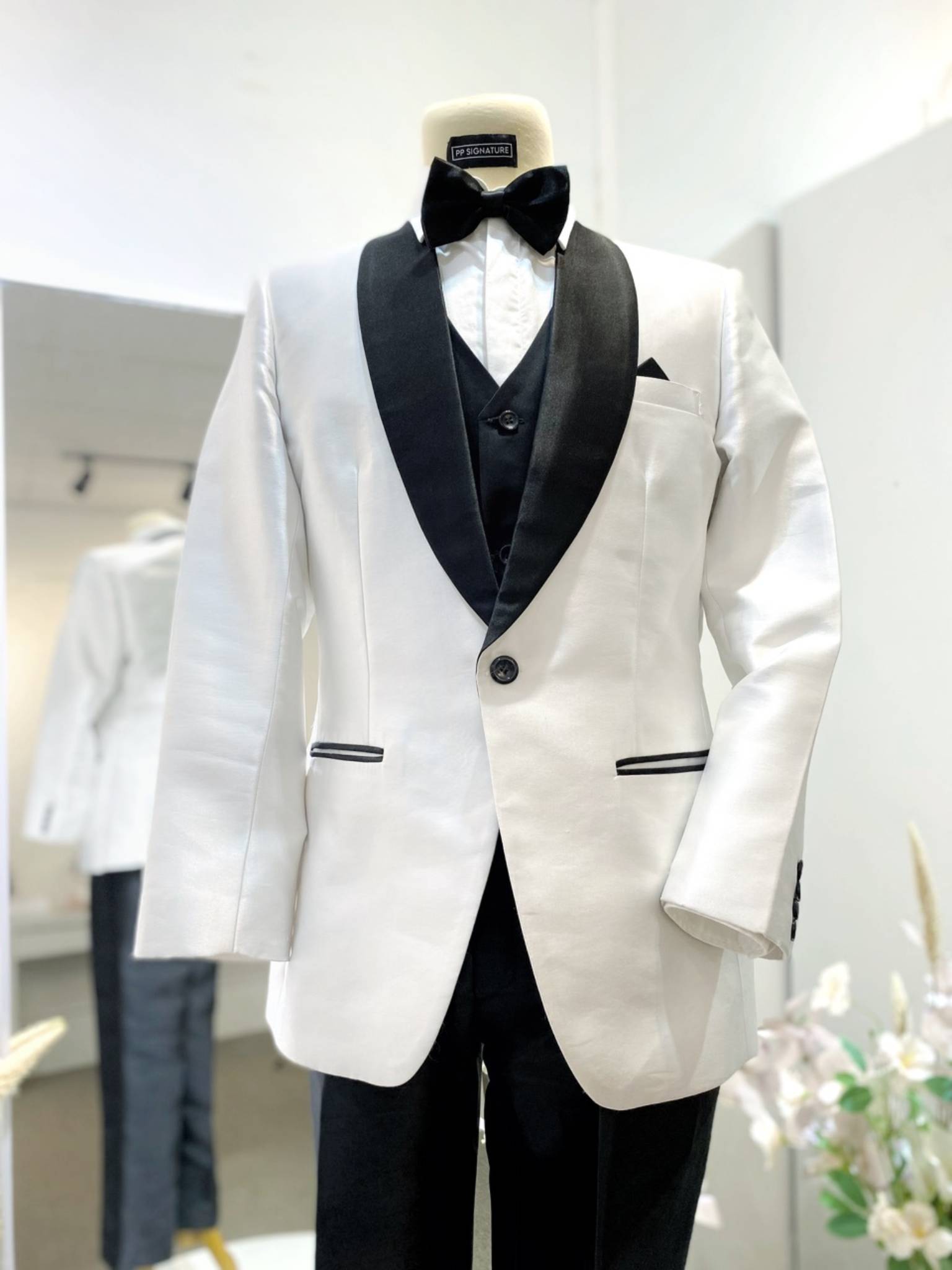 Malay wedding groom rental, Mikado fabric suit rental Malaysia, white tuxedo rental for men, pearl white groom suit rental