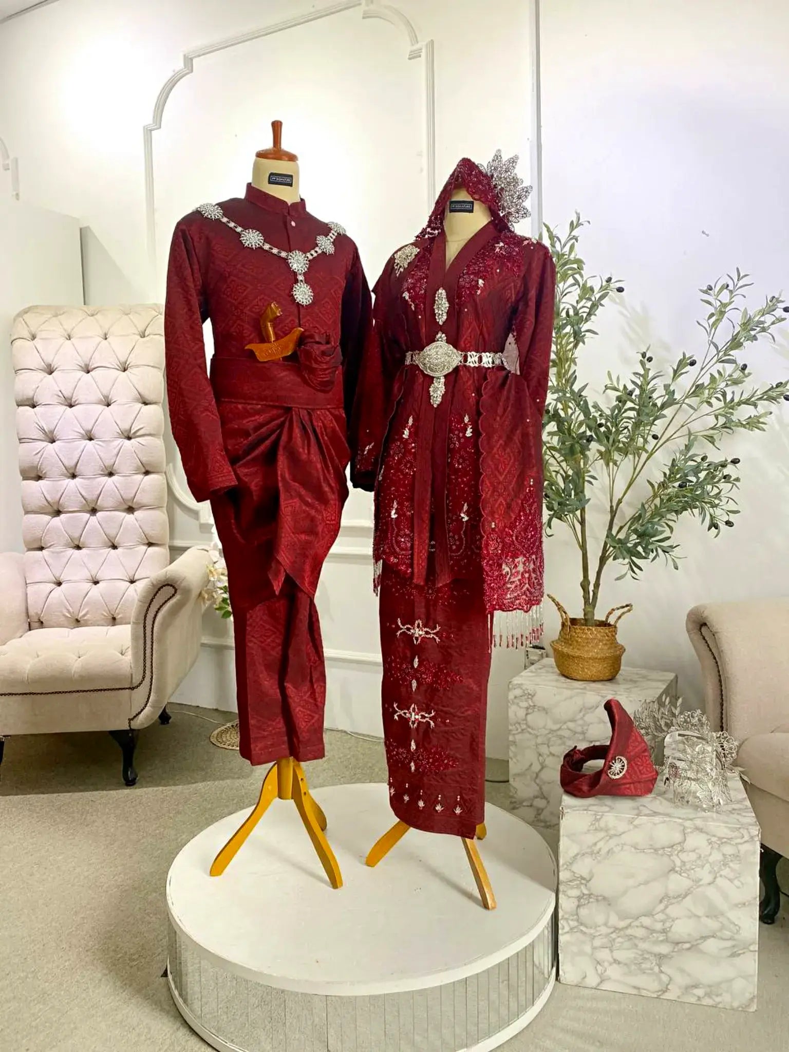 Adinda Maroon Burgundy Kebaya – Exclusive Baju Pengantin Songket for Malay Brides