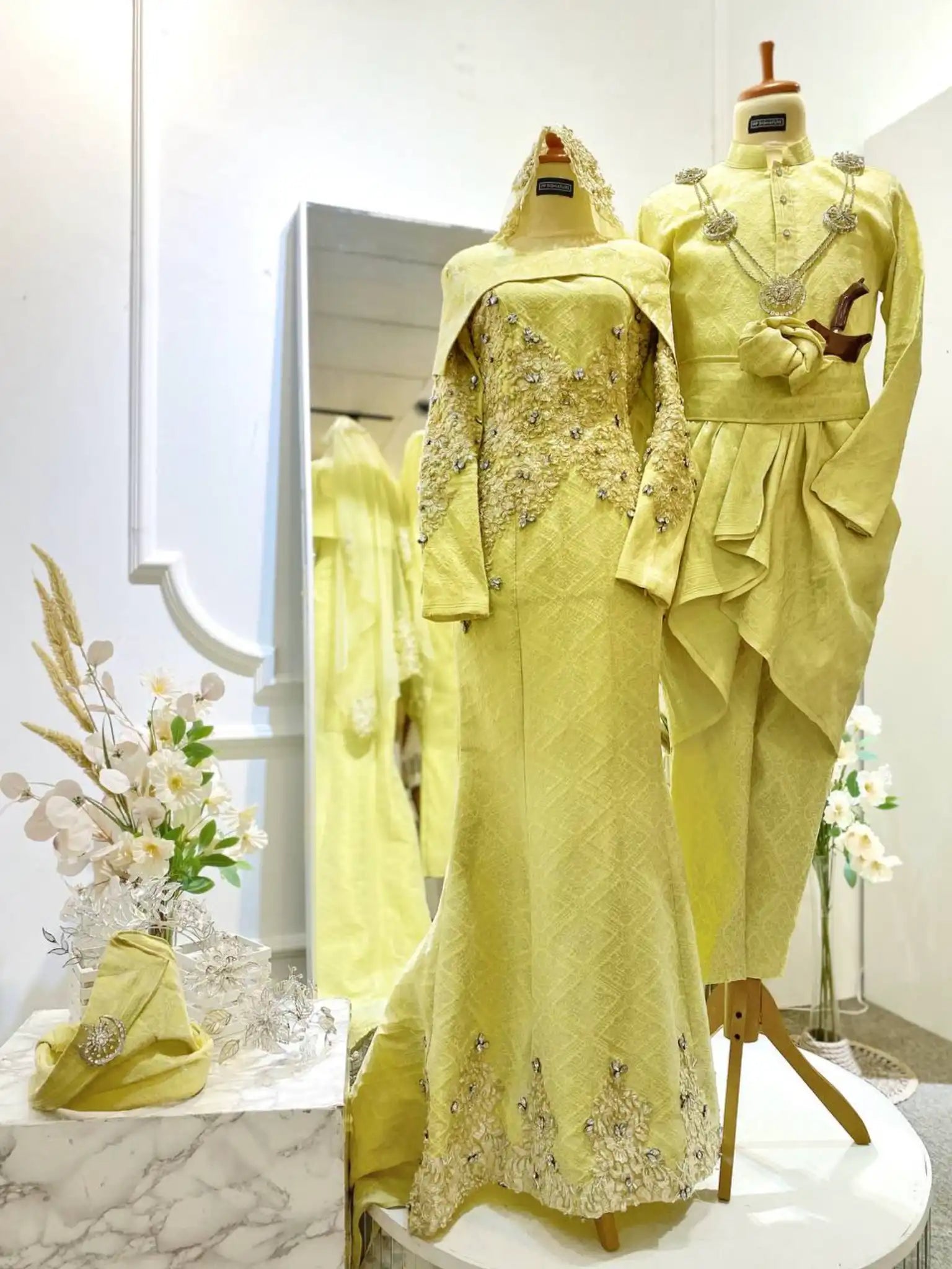 BUTTERFLY - Light Yellow Songket Wedding Dress with Detachable Trail (Baju Sanding)