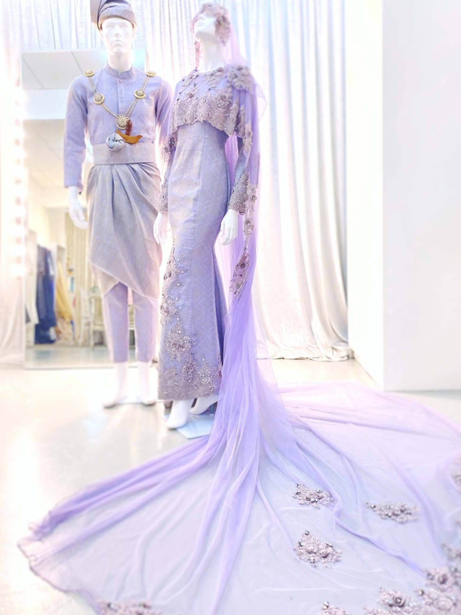 EMPRESS LAVENDER - Dusty Purple Lavender Songket Trumpet Wedding Dress with Long Cape (Baju Sanding)