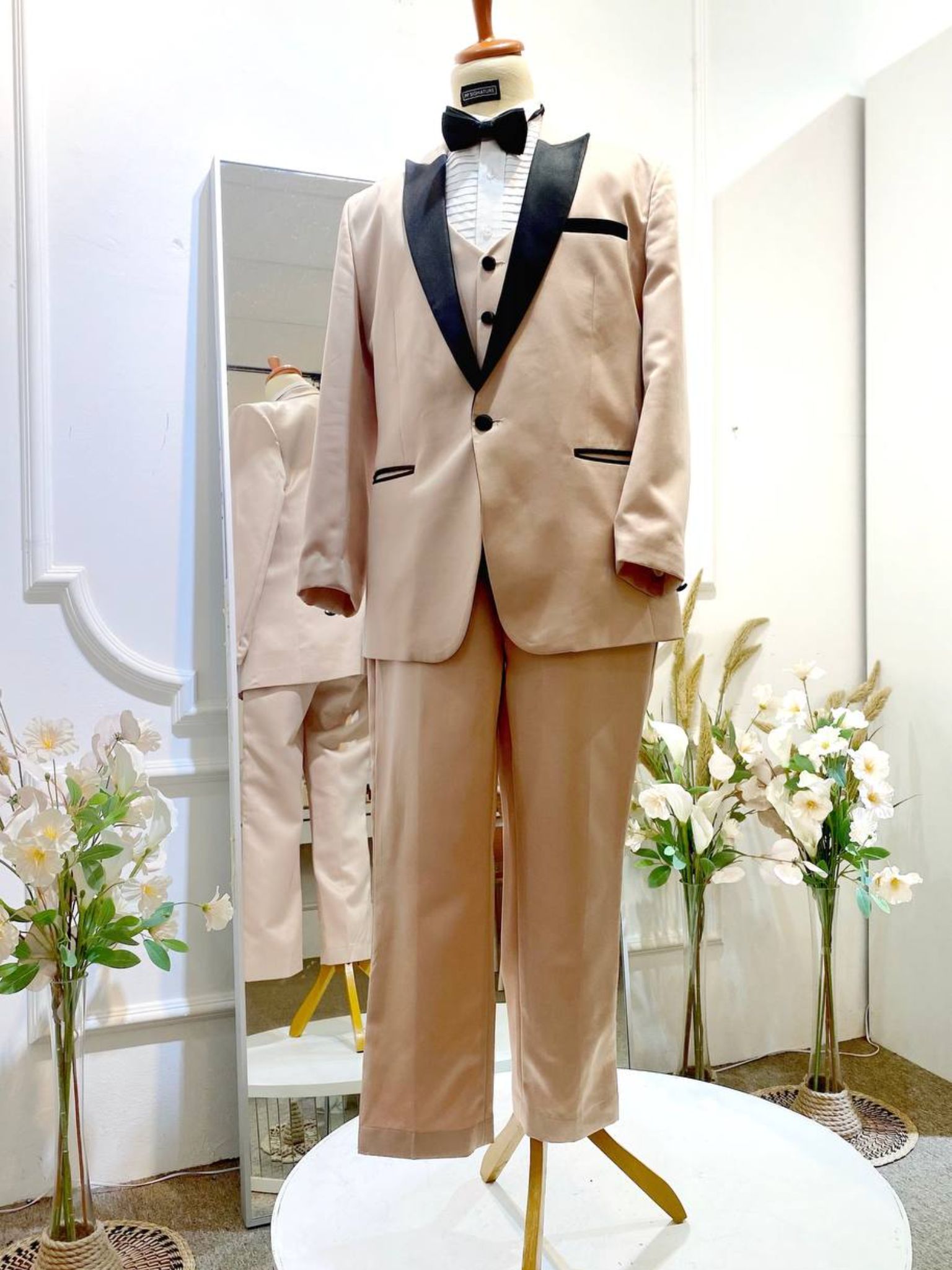 CHAMPAGNE 1-Champagne 3-Piece Wedding Suit light Brown with Black Peak lapel-groom suit-custom wedding suit-rent tuxedo-groom suit rental-custom wedding suit design-plus size wedding suits-sewa baju pengantin lelaki-butik baju pengantin lelaki-baju pengantin lelaki moden-baju sanding moden-baju dinner lelaki