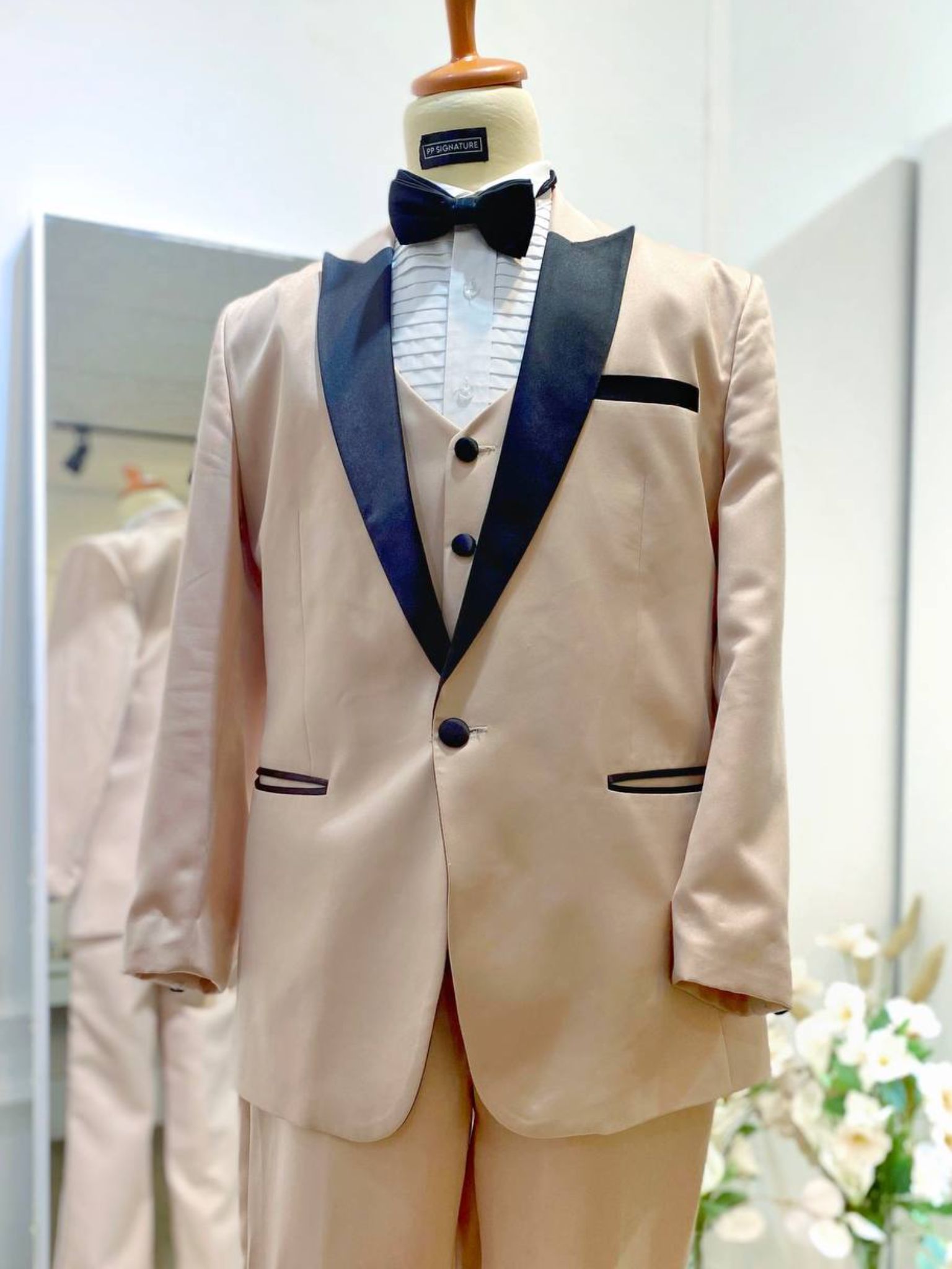 CHAMPAGNE 1-Champagne 3-Piece Wedding Suit light Brown with Black Peak lapel-groom suit-custom wedding suit-rent tuxedo-groom suit rental-custom wedding suit design-plus size wedding suits-sewa baju pengantin lelaki-butik baju pengantin lelaki-baju pengantin lelaki moden-baju sanding moden-baju dinner lelaki