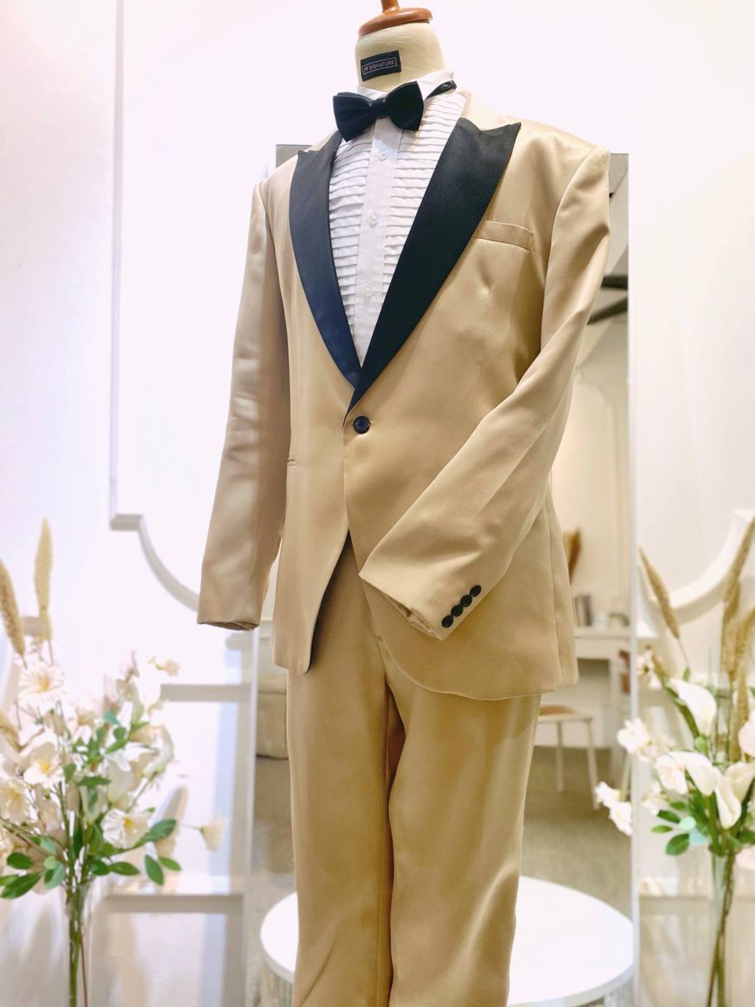 CHAMPAGNE 2-Champagne 2-Piece Wedding Suit Golden Brown with Black Peak Lapel-groom suit-custom wedding suit-rent tuxedo-groom suit rental-custom wedding suit design-plus size wedding suits-sewa baju pengantin lelaki-butik baju pengantin lelaki-baju pengantin lelaki moden-baju sanding moden-baju dinner lelaki