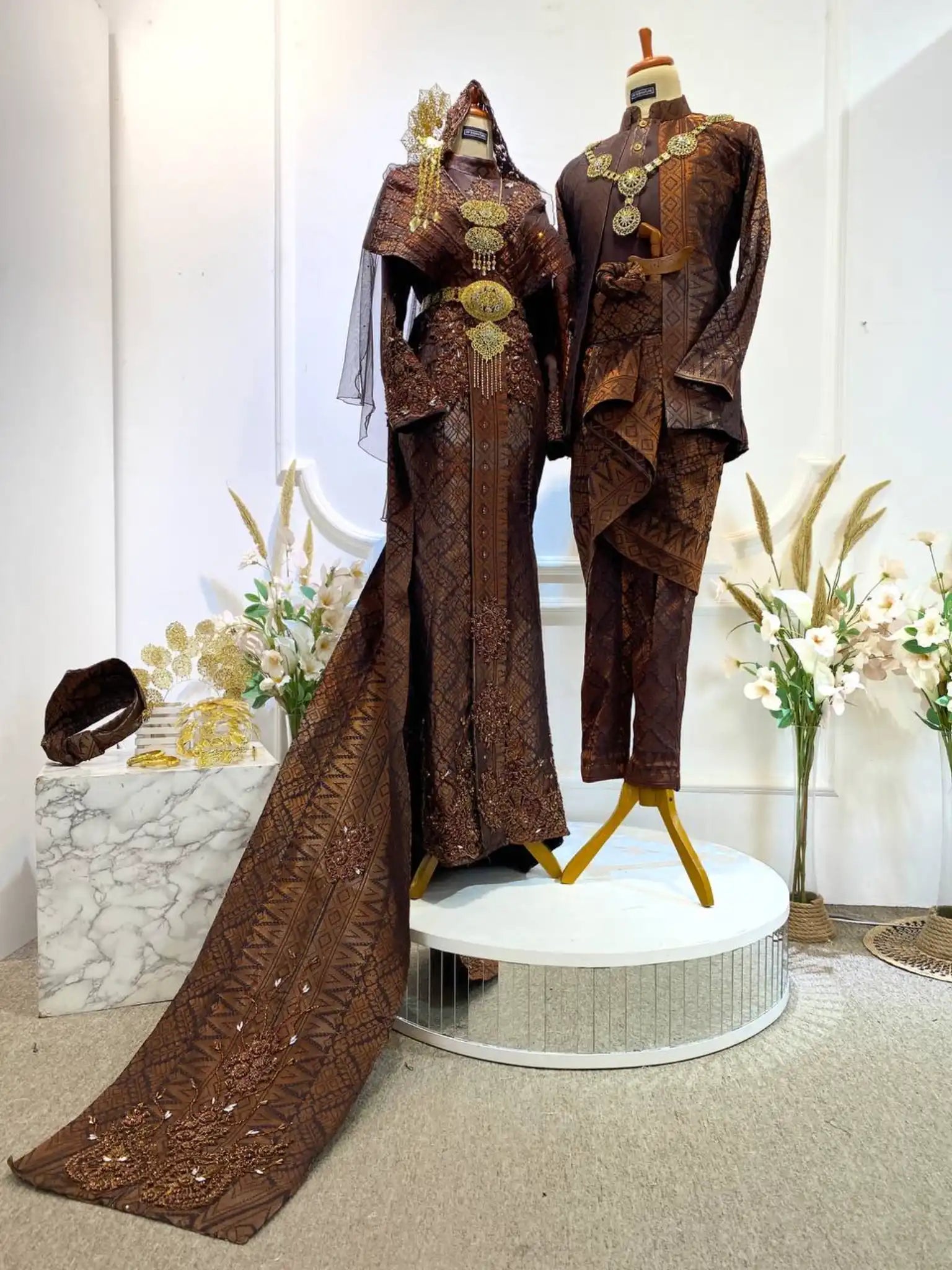 Dark Brown Songket Wedding Attire-Exclusive Baju Sanding Collection-Traditional Malay Wedding Dress Rental-CIK SITI WAN KEMBANG Bridal Wear-Bronze Songket Baju Pengantin