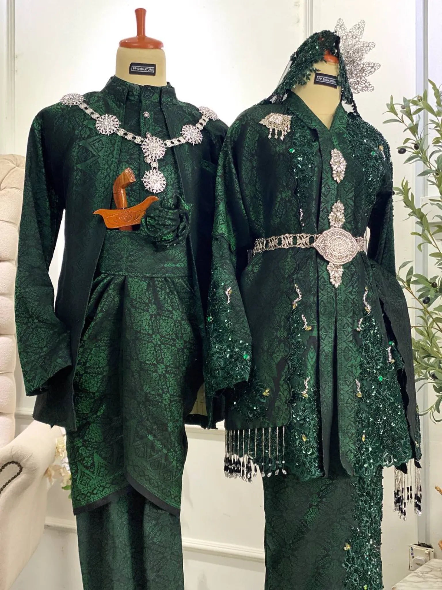 ERMA - Baju Sanding Songket Emerald Green Kebaya with Selempang Sulam Biku