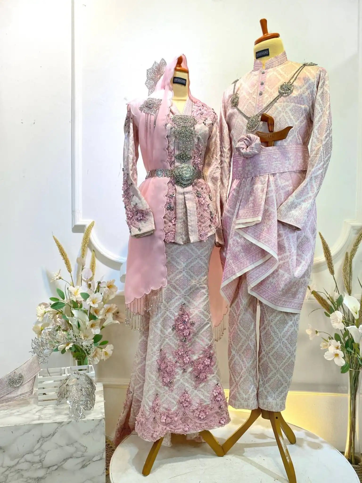 Songket Kebaya Moden Wedding Dress-Baby Pink & Cream Wedding Kebaya Rental-Baju Sanding Songket Rental-Wedding Reception Dress Rental-Kot Raihan 2-piece Rental-Baju Kebaya Moden Selempang Sulam-Bride & Groom Wedding Dress Rental-Songket Wedding Dress Rental Malaysia-Modern Wedding Dress Rental-Baju Sanding Rental Near Me