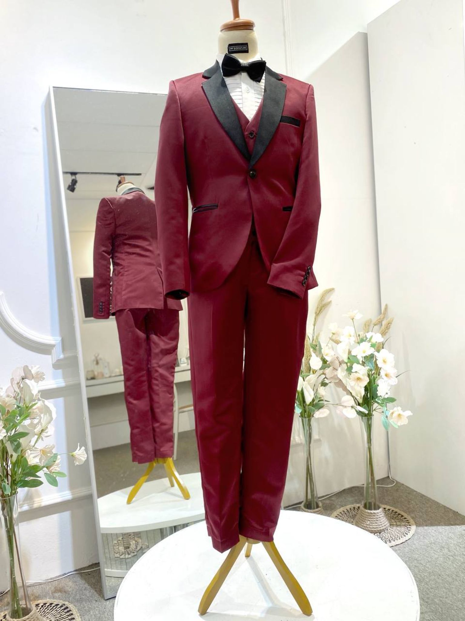 MAROON 1-Maroon 3-Piece Wedding Suit with Black Notch Lapel-groom suit-custom wedding suit-rent tuxedo-groom suit rental-custom wedding suit design-plus size wedding suits-sewa baju pengantin lelaki-butik baju pengantin lelaki-baju pengantin lelaki moden-baju sanding moden-baju dinner lelaki