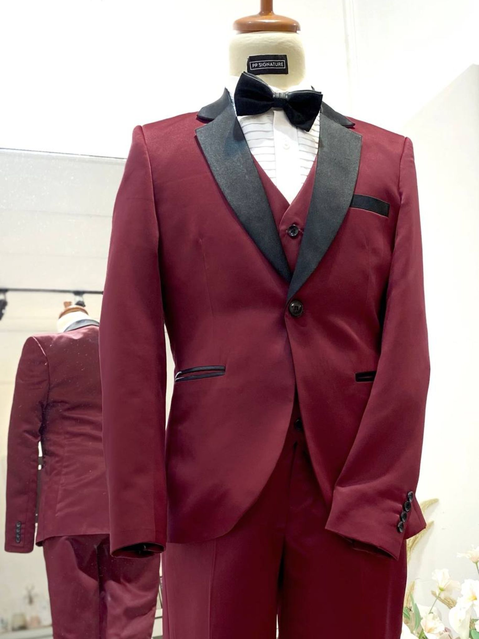 MAROON 1-Maroon 3-Piece Wedding Suit with Black Notch Lapel-groom suit-custom wedding suit-rent tuxedo-groom suit rental-custom wedding suit design-plus size wedding suits-sewa baju pengantin lelaki-butik baju pengantin lelaki-baju pengantin lelaki moden-baju sanding moden-baju dinner lelaki