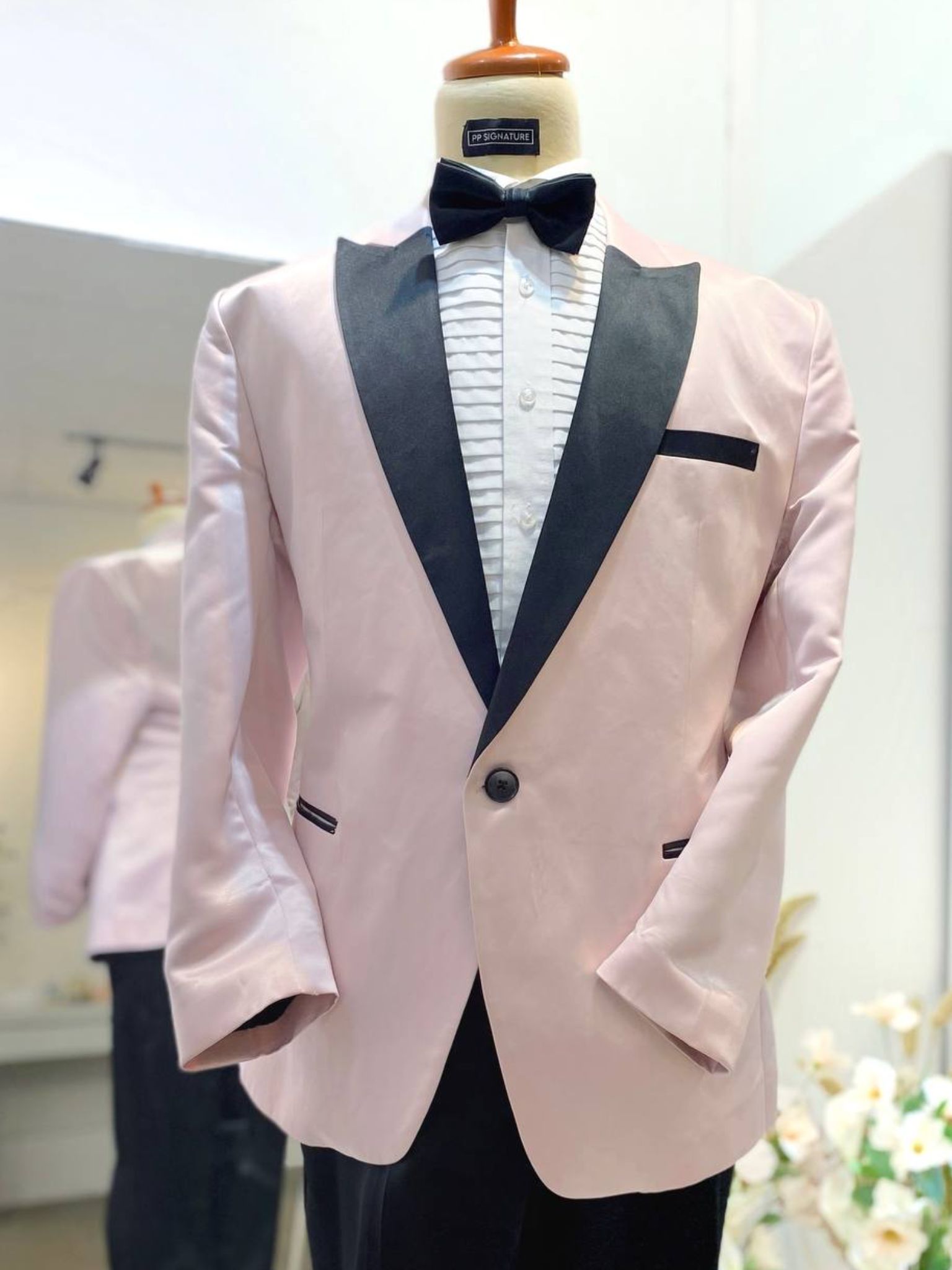 PINK 1-Baby Pink 2-Piece Wedding Suit with Black Peak Lapel-groom suit-custom wedding suit-rent tuxedo-groom suit rental-custom wedding suit design-plus size wedding suits-sewa baju pengantin lelaki-butik baju pengantin lelaki-baju pengantin lelaki moden-baju sanding moden