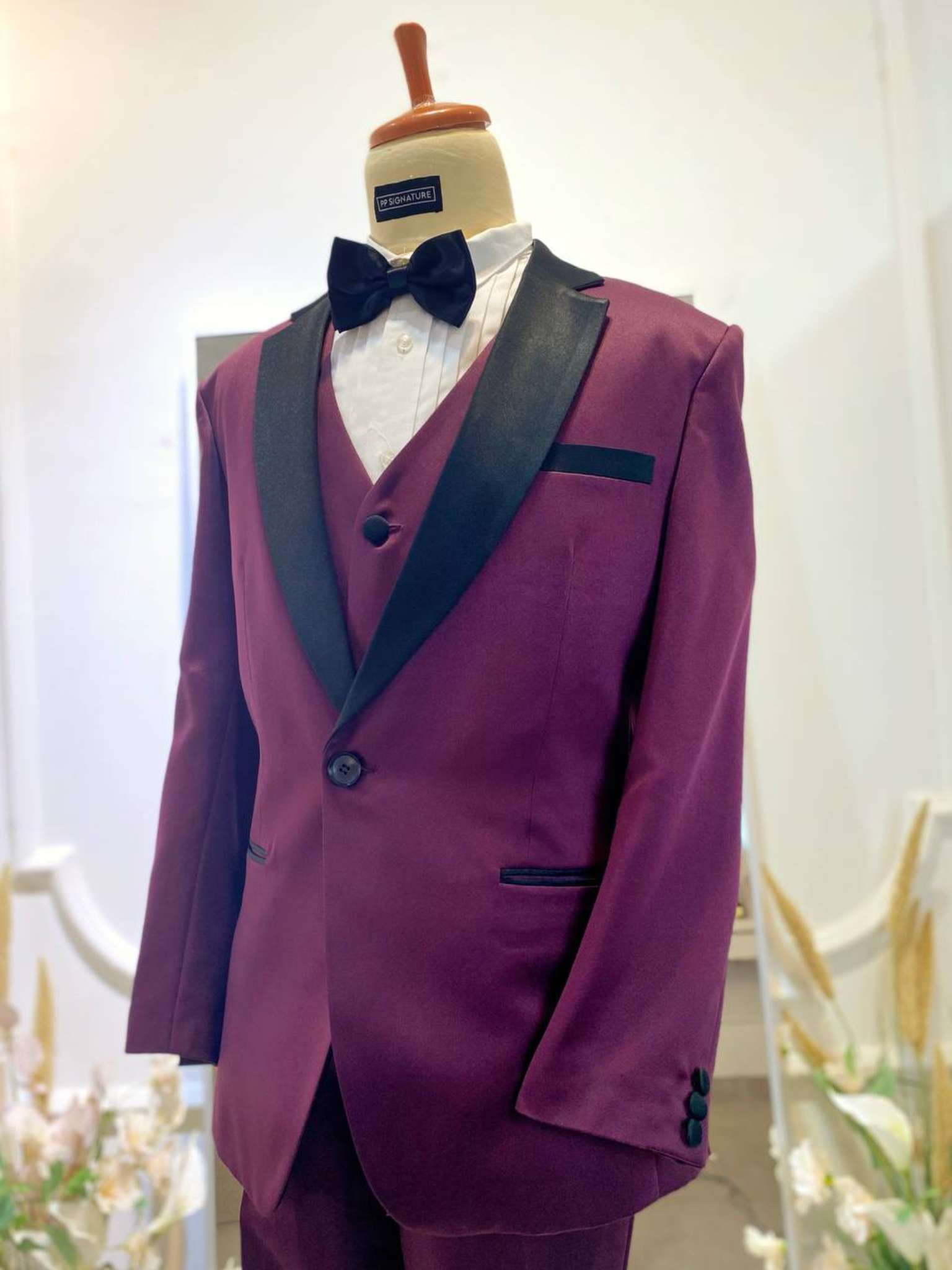 Purple tuxedo rental-Three-piece tuxedo-Tuxedo with black notch lapel-Formal event tuxedo-Wedding tuxedo-Tuxedo for grooms-Stylish wedding suit-Elegant tuxedo rental-High-quality tuxedo-Tuxedo rental online