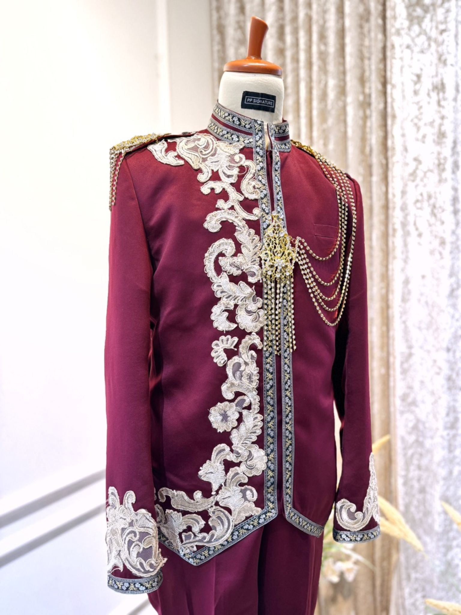 Maroon Prince Suit-Baju Sanding Lelaki-Wedding Reception Suit-Prince Coat Design-Light Brown Lace Wedding Outfit-Maroon Suit Rental-Groom Suit Rental-Traditional Wedding Suit-Maroon and Brown Wedding Attire-Malay Wedding Outfit