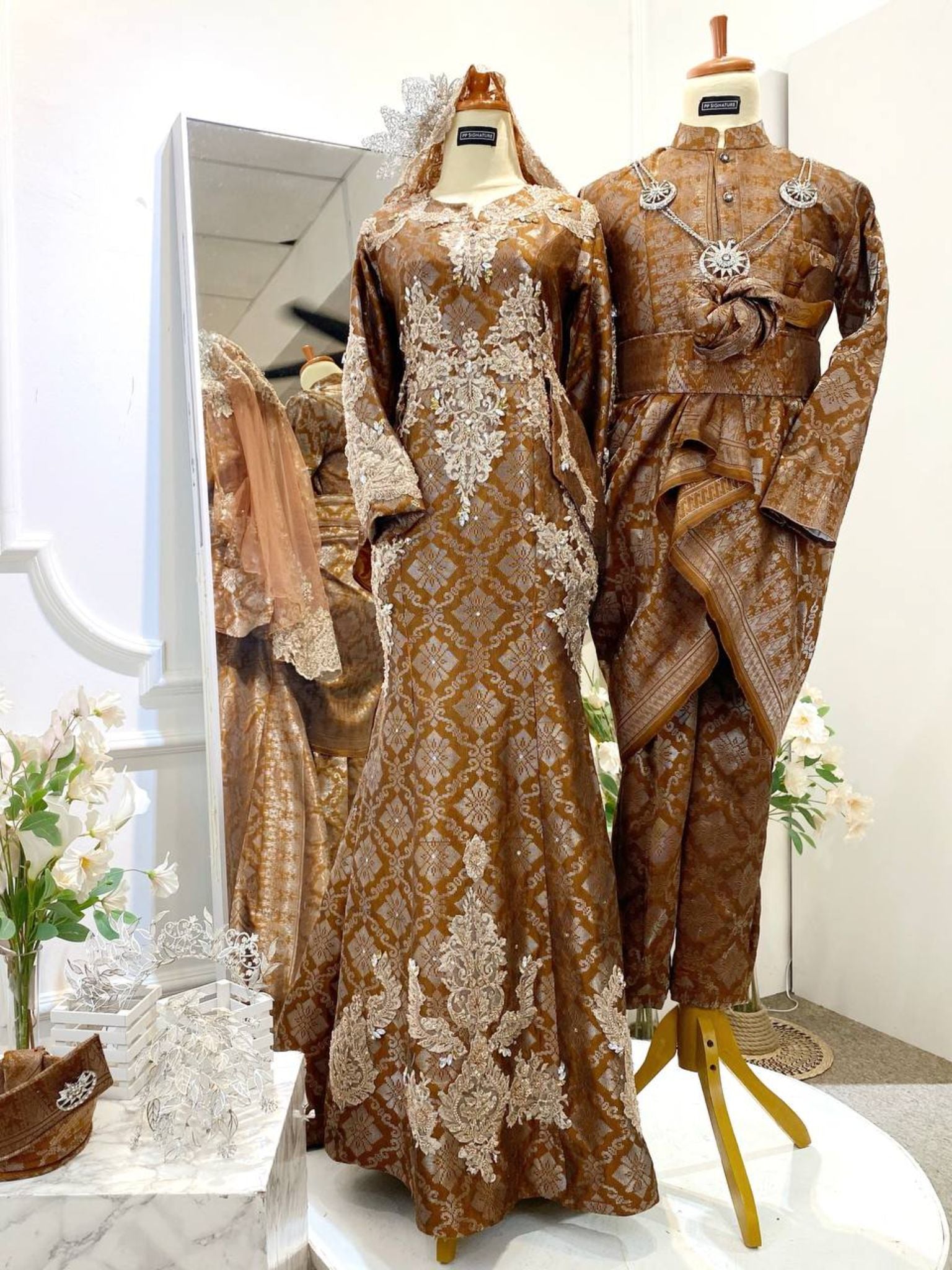 STARLA-Brown Songket Wedding Dress with Peplum (Baju Sanding)-baju sanding tradisional-baju sanding moden-baju sanding muslimah-baju pengantin tradisional-baju pengantin moden-baju pengantin muslimah-sewa baju sanding-sewa baju pengantin-butik baju sanding-butik baju pengantin