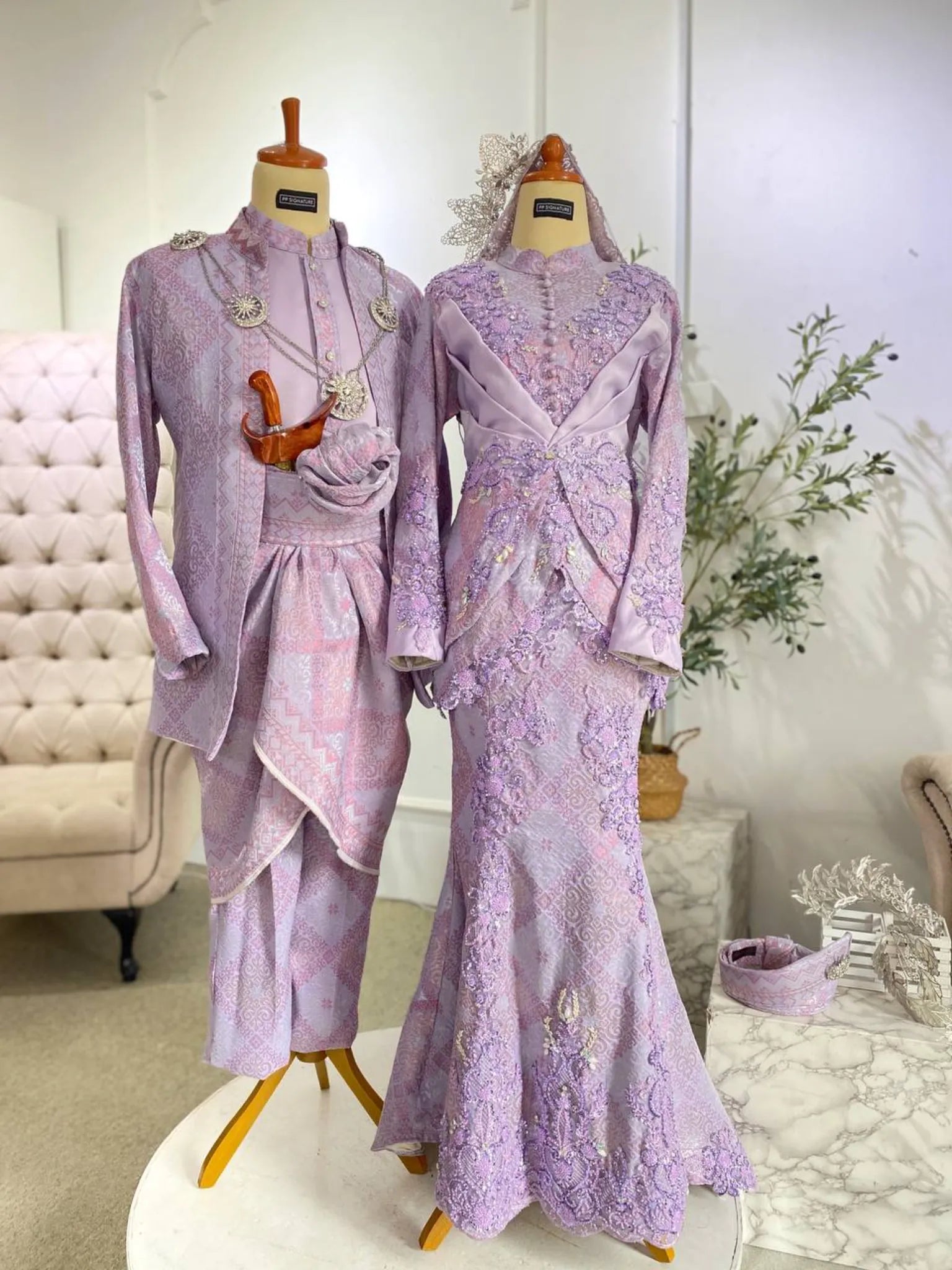 Purple Lavender Baju Sanding Songket 3D with Light Pink accents - Modern 2-piece wedding dress and Kot Raihan suit rental by PP Signature