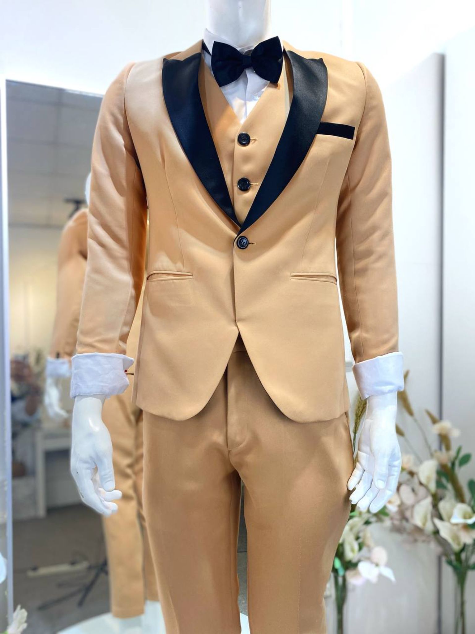 CHAMPAGNE 3-Champagne 3-Piece Wedding Suit Brown with Black Peak lapel-groom suit-custom wedding suit-rent tuxedo-groom suit rental-custom wedding suit design-plus size wedding suits-sewa baju pengantin lelaki-butik baju pengantin lelaki-baju pengantin lelaki moden-baju sanding moden-baju dinner lelaki