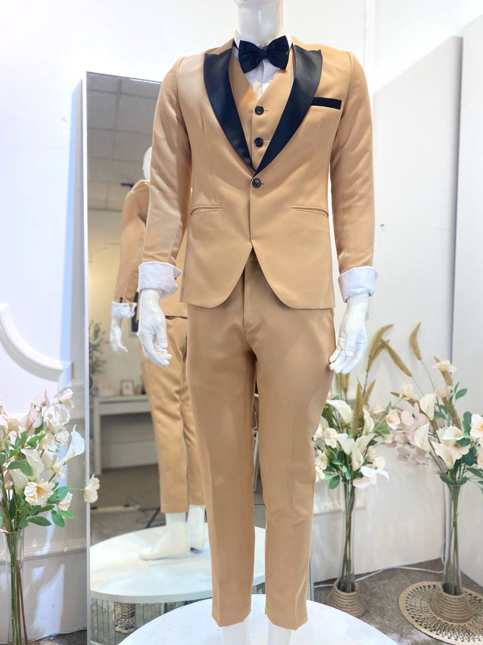 CHAMPAGNE 3-Champagne 3-Piece Wedding Suit Brown with Black Peak lapel-groom suit-custom wedding suit-rent tuxedo-groom suit rental-custom wedding suit design-plus size wedding suits-sewa baju pengantin lelaki-butik baju pengantin lelaki-baju pengantin lelaki moden-baju sanding moden-baju dinner lelaki