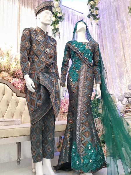 Baju Pengantin - Dress with Long Cape, Songket White & Light Champagne ...