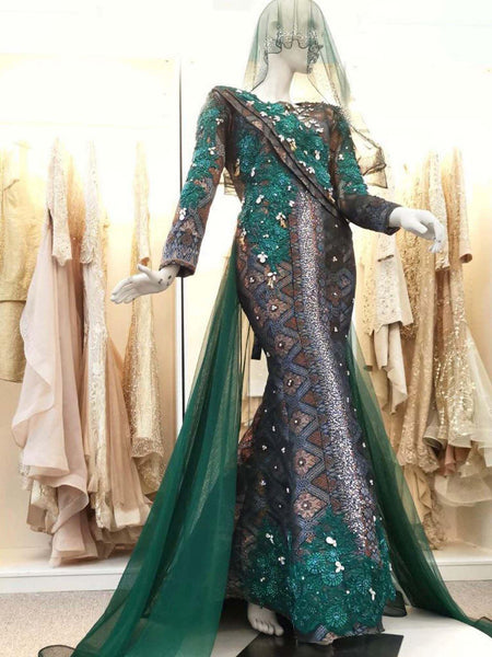 Baju Pengantin - Dress with Long Cape, Songket White & Light Champagne ...